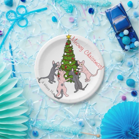 Meowy Kerstmis! Sphynx- en Bambino-borden Papieren Bordje (Feest)