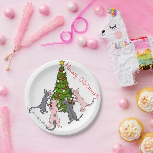 Meowy Kerstmis! Sphynx- en Bambino-borden Papieren Bordje (Feest)