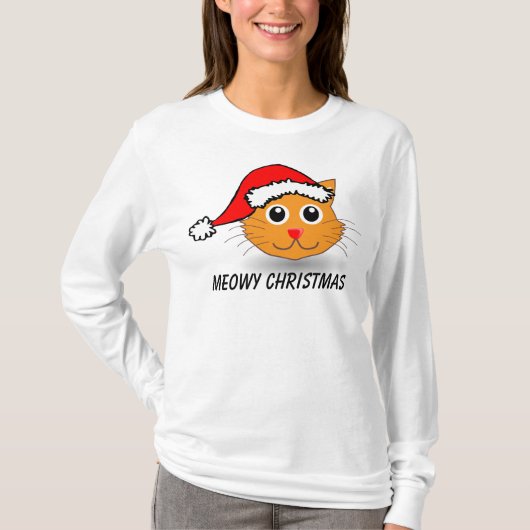 Meowy Kerstmis, T-shirt met kat, lange mouwen (Voorkant)