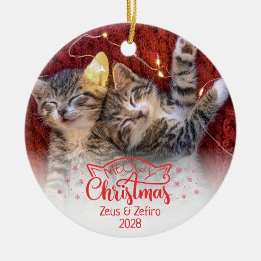 Meowy Kerstmis twee afbeeldingen leuke kattenliefh Keramisch Ornament (Voorkant)
