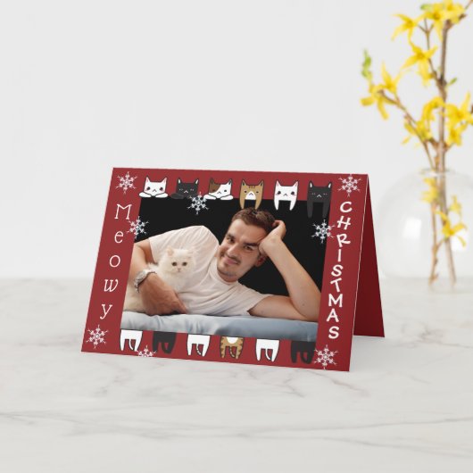Meowy Kerstmis Voeg je fotofeestdag toe Kaart (Gele Bloem)