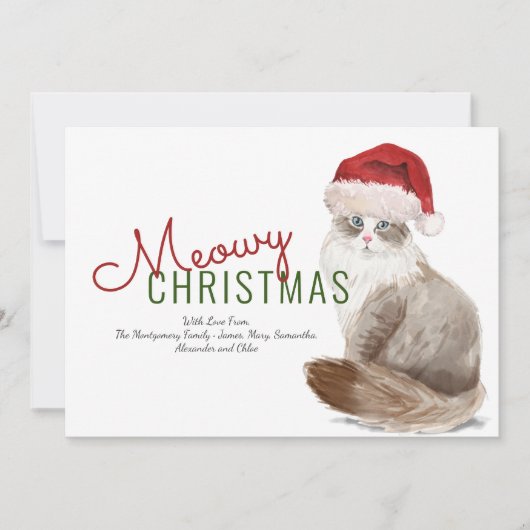 Meowy Kerstmis Waterverf met Siberische kat Santa  Feestdagenkaart (Voorkant)