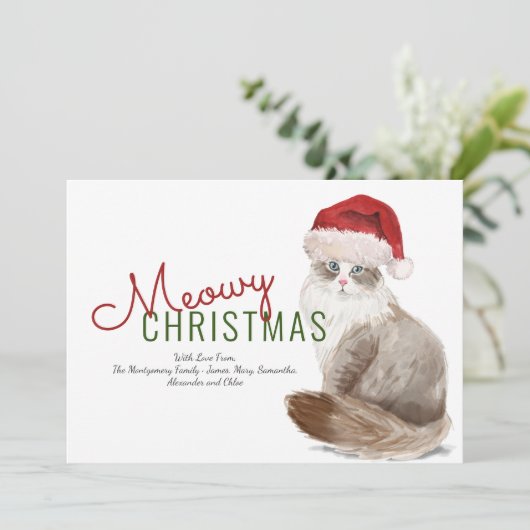 Meowy Kerstmis Waterverf met Siberische kat Santa Feestdagenkaart (Staand voorkant)
