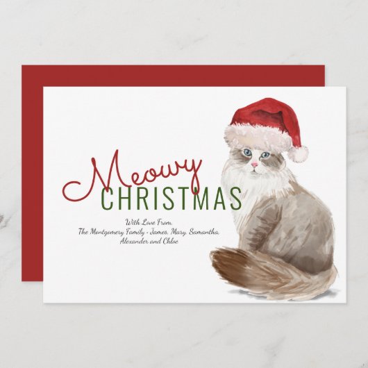 Meowy Kerstmis Waterverf met Siberische kat Santa  Feestdagenkaart (Voorkant / Achterkant)