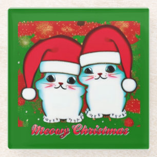 Meowy Kerstmis White Kittens in Santa Hats Glazen Onderzetter