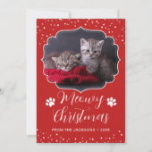Meowy Kerstmis White Script Pet Cat Foto Feestdagenkaart (Voorkant)