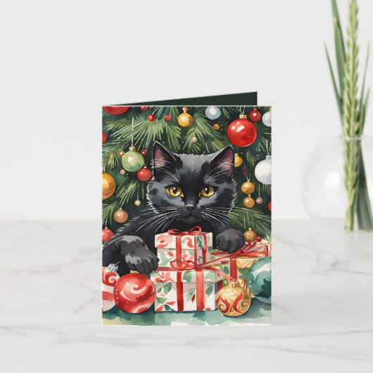 Meowy Kerstmis Zwart Kitten & Kerstboom Feestdagen Kaart (Voorkant)