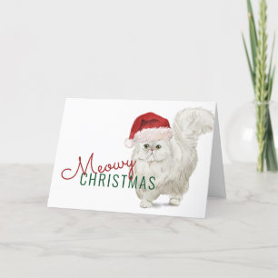 Meowy KerstWhite Persian Cat Waterverf Feestdagen Kaart