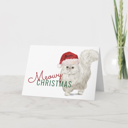 Meowy KerstWhite Persian Cat Waterverf Feestdagen Kaart (Voorkant)