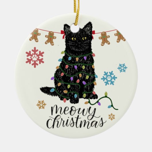 Meowy Kerstzwarte kat Keramisch Ornament (Voorkant)