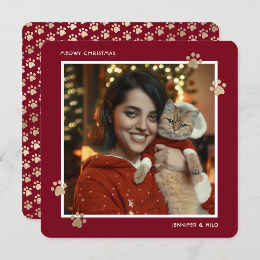 Meowy Rood Goud Kat Eigenaar Foto Kerst Kaart (Voorkant / Achterkant)