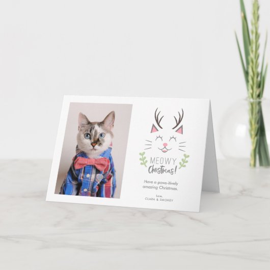 Meowy Schattigee Kerstkat met Antlers Xmas Foto Kaart (Voorkant)