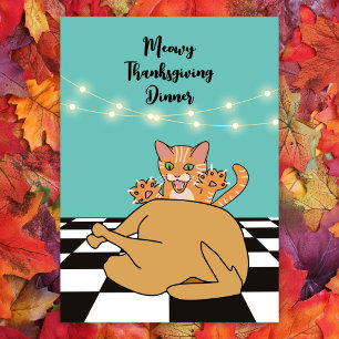Meowy Thanksgiving Dinner Funny Cat Cartoon Kaart