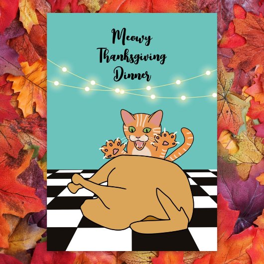 Meowy Thanksgiving Dinner Funny Cat Cartoon Kaart