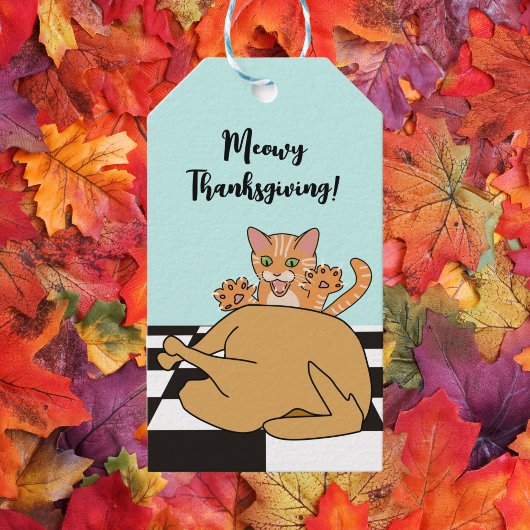 Meowy Thanksgiving Funny Cat Turkije Cartoon Cadeaulabel