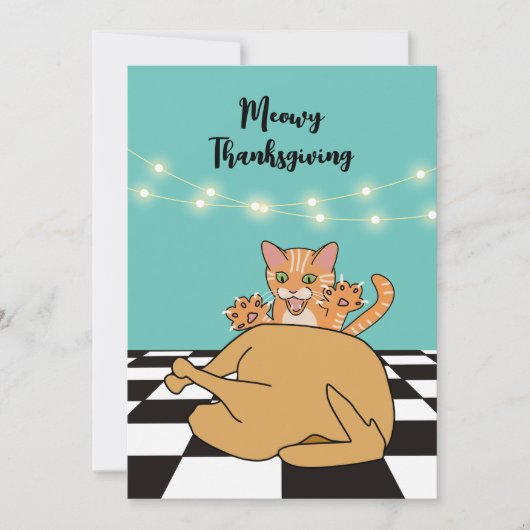 Meowy Thanksgiving Funny Cat Turkije Cartoon Feestdagenkaart (Voorkant)