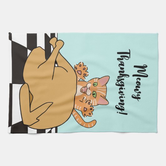 Meowy Thanksgiving Funny Cat Turkije Cartoon Theedoek (Horizontaal)