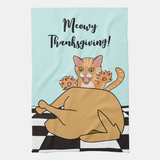 Meowy Thanksgiving Funny Cat Turkije Cartoon Theedoek (Verticaal)
