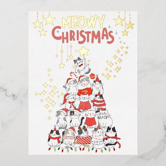 Meowy Xmas Funny Cats Kerstboom Folie Briefkaart (Voorkant)