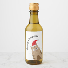 Meowy Xmas grappige kat draagt santa hat Wijn Etiket