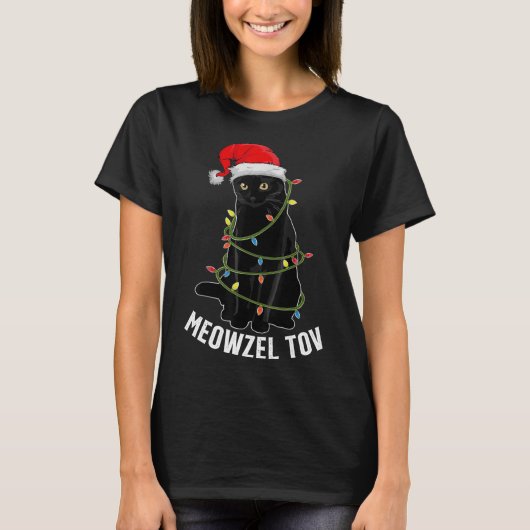 Meowzel Tov Black Cat Chanoeka Kerstverlichting CA T-shirt (Voorkant)