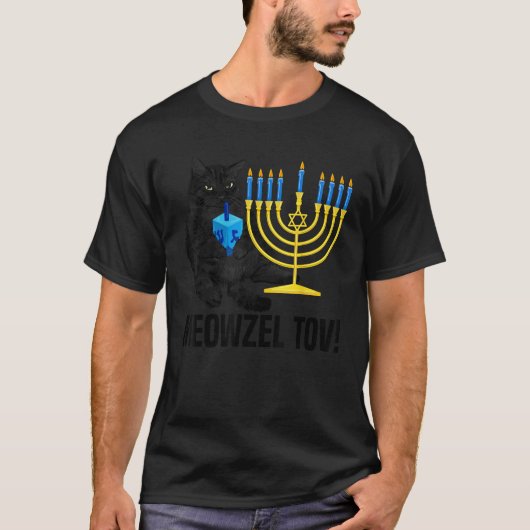 Meowzel Tov Black Cat Menorah Dreidel Hanukkah Cha T-shirt (Voorkant)