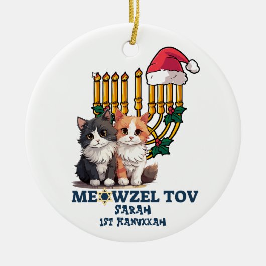 Meowzel Tov Schattige Happy Chanoeka Keramisch Ornament (Voorkant)