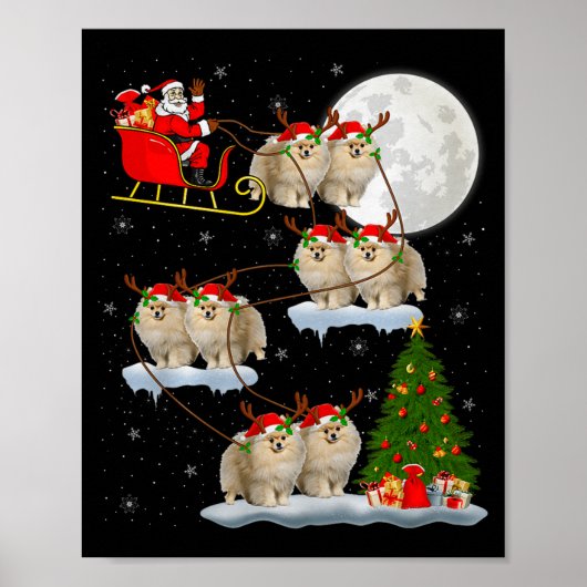 Meranian Dog Santa Sleigh Vliegende Grappige Magis Poster (Voorkant)