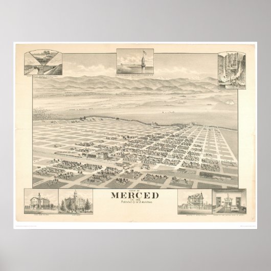 Merced, CA. Panoramische kaart 1888 (1062A) Poster (Voorkant)