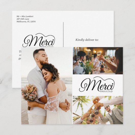 Merci Beaucoup Drie foto Elegante bruiloft Uitnodiging Briefkaart (Voorkant / Achterkant)