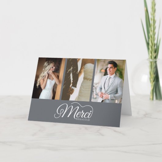 Merci Beaucoup Grey Photo Hand Lettered Wedding Bedankkaart (Voorkant)
