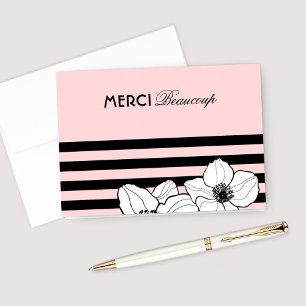 Merci Beaucoup Pink Black Franse Anemone Flowers Bedankkaart