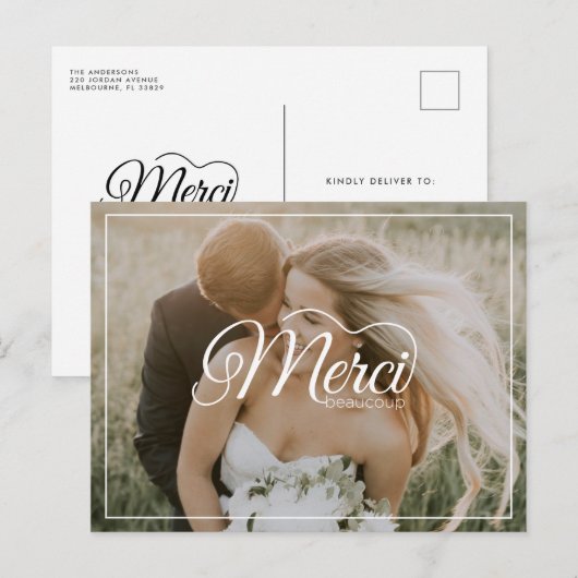 Merci Beaucoup White Script Modern Photo Wedding Briefkaart (Voorkant / Achterkant)