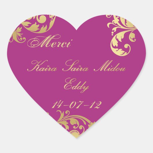 Merci Seal - Fuschia & Goud Bloemen Bruiloft Stick Hart Sticker (Voorkant)