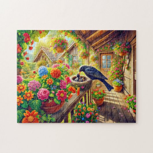 Merel voert jongen in nest legpuzzel (Horizontaal)