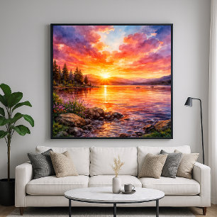 Meren Zonsondergang - Aquarel Schilderstijl Poster