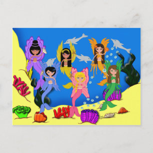 Merfairies in oceaan met Briefkaart van dolfijnen