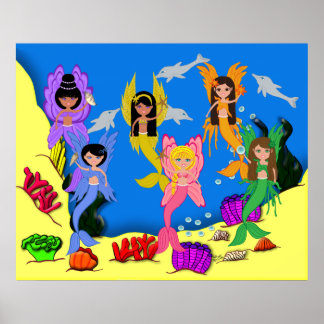 Merfairies in oceaan met Poster van dolfijnen