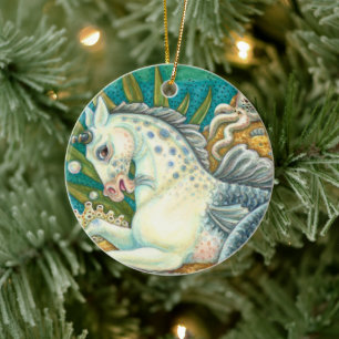 MERHORSE & WHITE OCTOPUS, FANTASY UNICORN HORSE KERAMISCH ORNAMENT