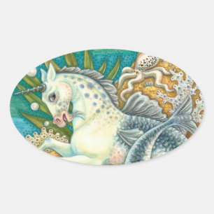 MERHORSE & WHITE OCTOPUS, FANTASY UNICORN HORSE OVALE STICKER