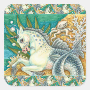 MERHORSE & WHITE OCTOPUS, FANTASY UNICORN HORSE VIERKANTE STICKER