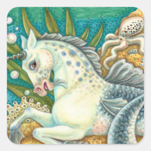 MERHORSE & WHITE OCTOPUS, FANTASY UNICORN HORSE VIERKANTE STICKER