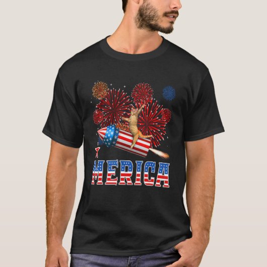 Merica 4th of July Cat Riding Firework Rocket Patr T-shirt (Voorkant)