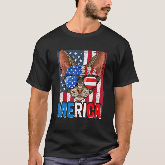 Merica Devon Rex Kat 4 juli Amerikaanse Vlag T T-shirt (Voorkant)