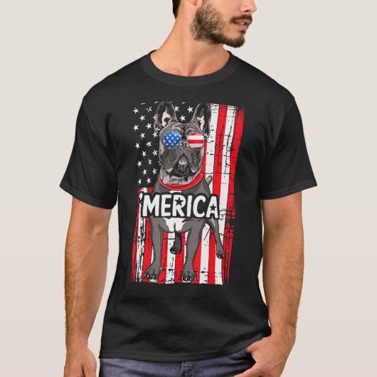 Merica Franse Bulldog VS Amerikaanse vlag Cool Dog T-shirt (Voorkant)