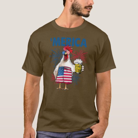 Merica Funny Chicken met bier Vlag 4e van T-shirt (Voorkant)