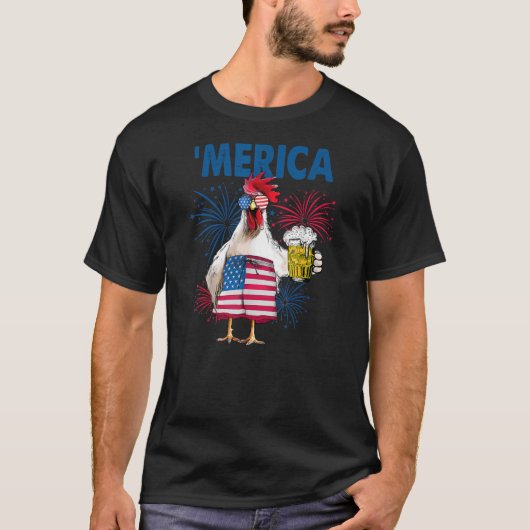Merica Funny Chicken met bier Vlag 4e van T-shirt (Voorkant)
