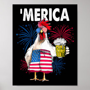 Merica Grappige Kip Met Bier USA Amerikaanse Vlag Poster