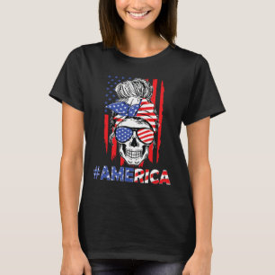 Merica Messy Bun Skull 4 juli Amerikaanse vlag W T-shirt