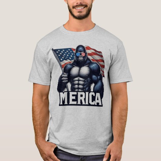 MERICA – Patriotic Gorilla Holding American Flag F T-shirt (Voorkant)